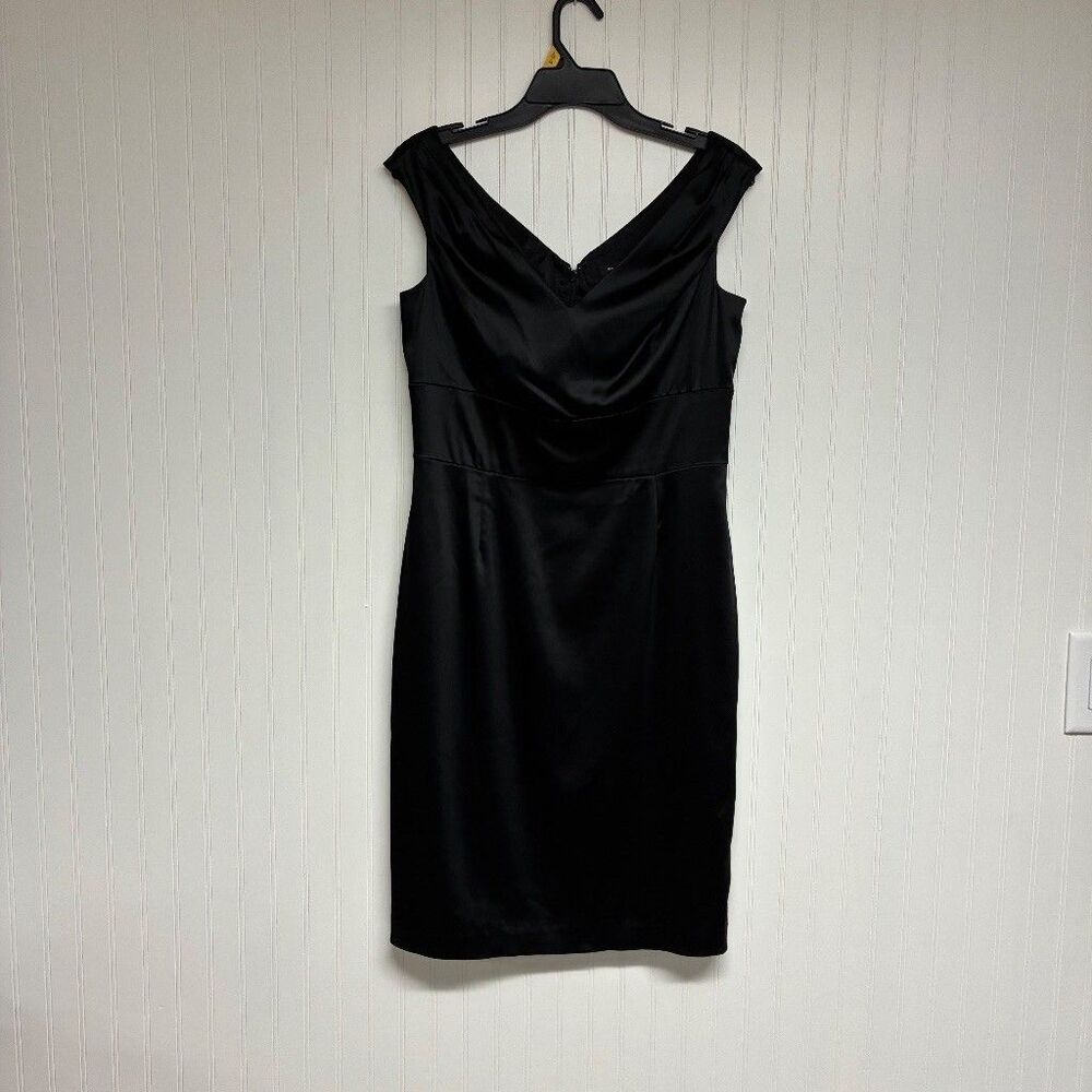 NWT White House Black Market Satin Cocktail Dress 10 Black Glam Party LBD Sheath